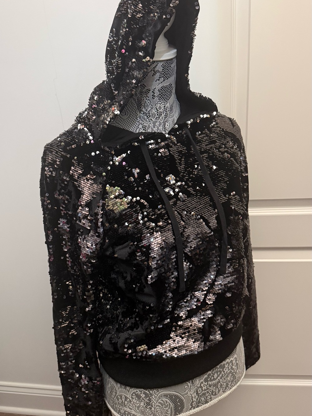 Pam & Gela Black Sequin Hooded Pullover